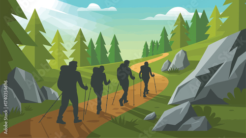 Silhouettes of hikers with backpacks and poles walking on a winding dirt path through a forest with sun rays