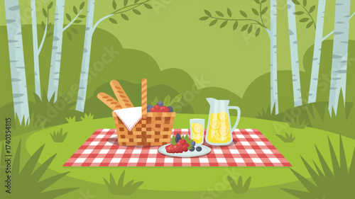 Summer Picnic in a Forest Clearing with Food and Drinks basket blanket