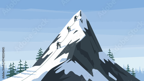 Team of Climbers Ascending a Snow- Covered Mountain Summit with Rope climbing