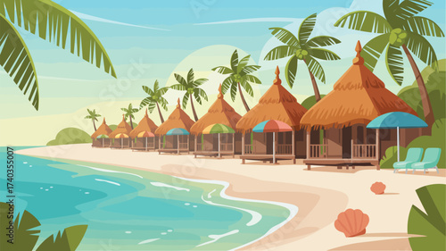 Tropical Beachfront with Row of Thatched Roof Huts and Palm Trees Keywords: tropical, beach, resort, bungalows, huts, thatched roof, palm trees, ocean, sea, waves, sand, shoreline, vacation