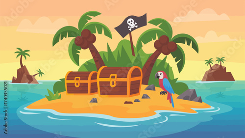 Tropical Pirate Island with Treasure Chests, Parrot, and Jolly Roger Flag Keywords: pirate, island, tropical, treasure, chest, parrot, flag, jolly roger, palm trees, ocean, sea, beach, sand
