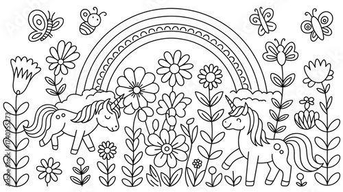 Whimsical Unicorns and Flowers Coloring Page with Rainbow and Butterflies Keywords: unicorn, rainbow, flowers, butterflies, coloring page, line art, black and white, children, fantasy, magical