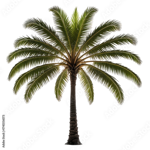Lush palm tree with textured trunk and verdant fronds against a black background