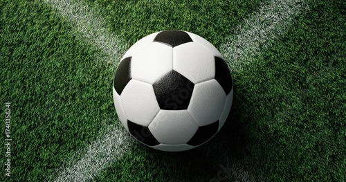 A soccer ball sits on green turf, near a white sideline. Close-up, good lighting