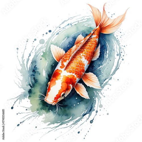 Watercolor koi carp swimming in swirling water