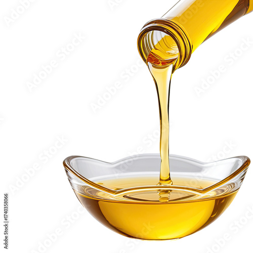 Oil pouring from a bottle into a glass bowl, culinary use