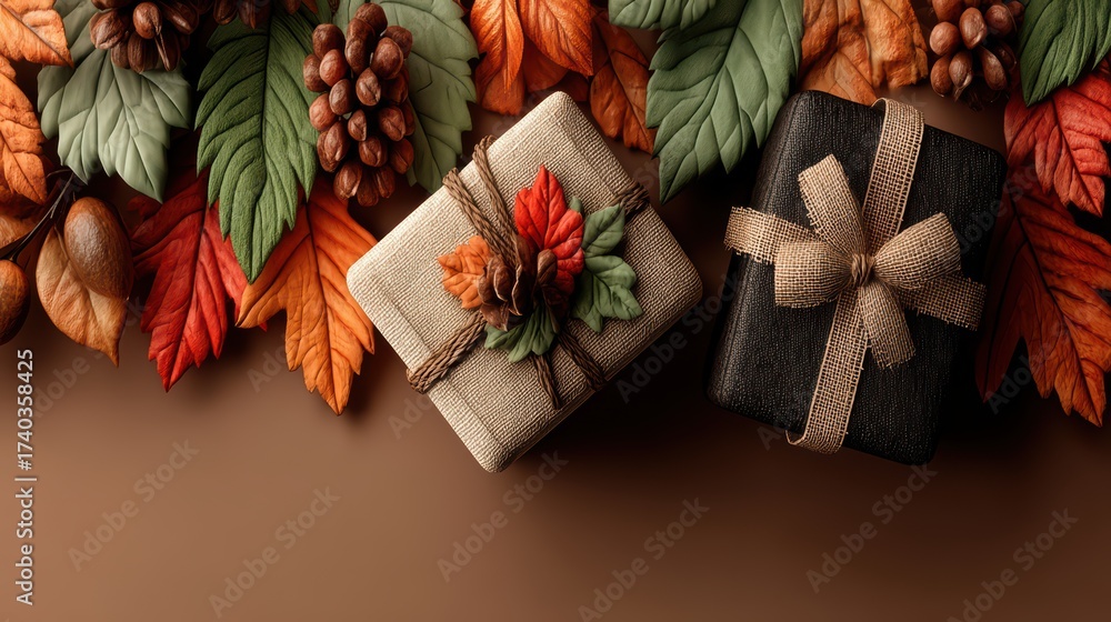 Fototapeta premium Two beautifully wrapped gift boxes are nestled among colorful autumn leaves pinecones and nuts on a warm brown background creating a festive seasonal display