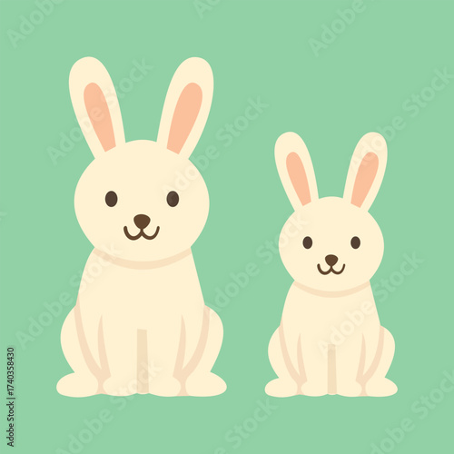 Illustration of two cute rabbits with sweet expressions sitting side by side on a green background, depicting warmth, friendship and cheerfulness.