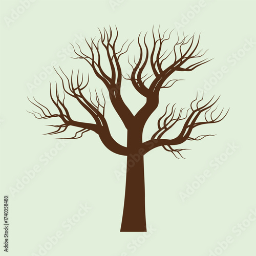 Illustration of a leafless tree with a dark brown trunk and many branched branches, on a light green background, suitable for autumn themes, nature, silhouettes and minimalist designs.