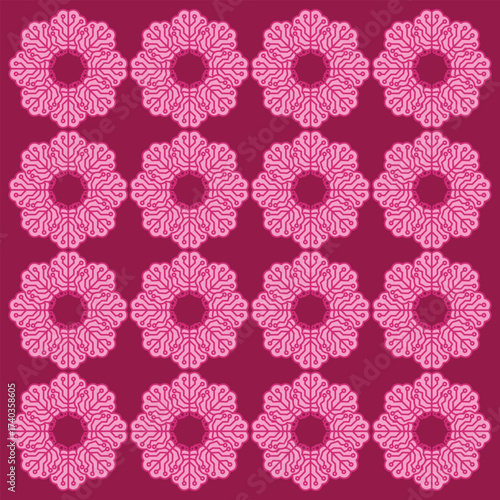 A pink digital floral pattern illustration with a technological circuit design on a purple background. Perfect for modern decor, fabric motifs, wallpaper, or futuristic designs.