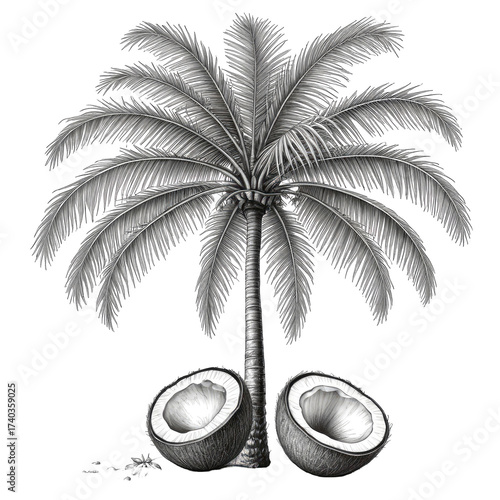 Detailed grayscale botanical illustration of a palm tree with split coconuts