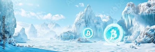 Chilling landscapes with frozen mountains and glowing Bitcoin symbols in a snowy environment under a clear blue sky