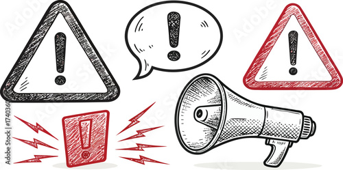 Warning signs and megaphone illustration conveying urgent message and important information alert system