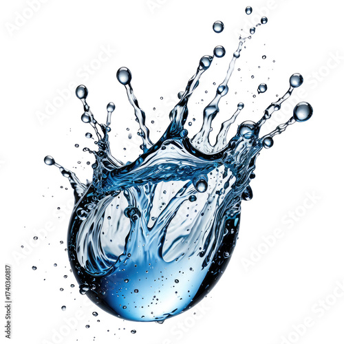 Vivid close-up shot of water droplet impact, clear droplets bursting upwards