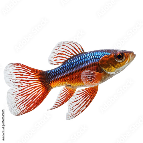 Colorful tropical fish with vibrant red, orange, blue, and white fins and scales
