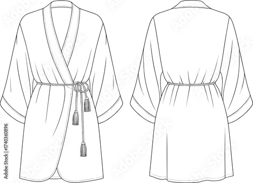 Wrap-style women’s robe, front and back view, gathered waist, tassel belt, wide sleeves, fashion illustration, vector clothing template, comfy outfit