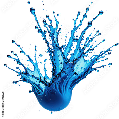 Dynamic, artistic rendering of a vivid blue water splash exploding outwards from a central sphere