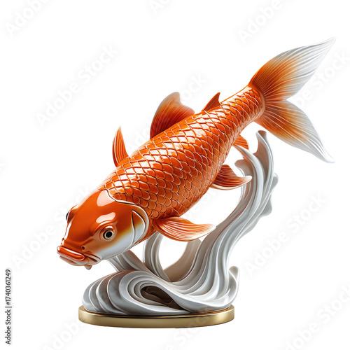 Orange koi fish sculpture atop detailed waves. Detailed scales, fins, tail. Black background