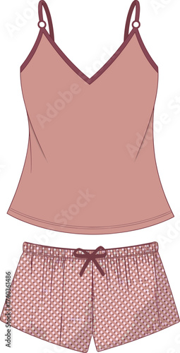 Women's sleepwear set, dusty pink camisole, patterned shorts, bow detail, fashion illustration, front view, comfy nightwear, vector clothing design