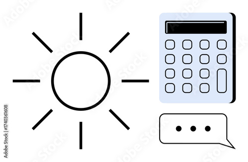 Sun with solar rays, a calculator, and a speech bubble with ellipses. Ideal for solar energy, power consumption, eco solutions, renewable resources, energy efficiency, communication simple flat