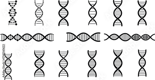 DNA helix vector icon collection, genetic structure symbols, biotechnology research illustrations, molecular science, genome sequencing, medical laboratory design, isolated graphic elements