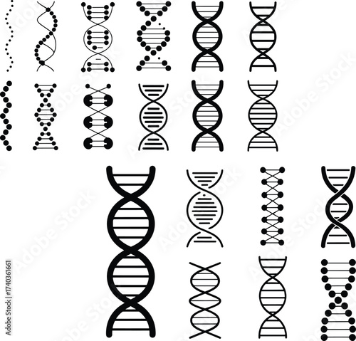 DNA helix vector illustration set, molecular structure icons, genetic research, biotechnology symbols, genome analysis, science and medicine concepts, isolated design collection