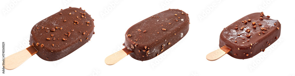 Fototapeta premium Three Chocolate Ice Cream Bars On Wooden Sticks With Nut Topping Isolated On Transparent Background