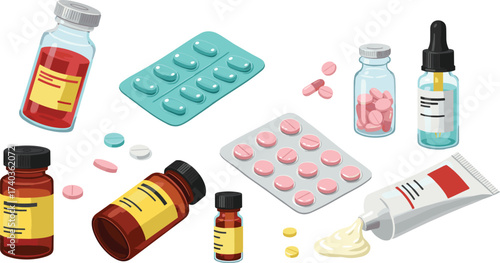 Pharmaceutical packaging cartoon, medicine bottles, blister packs, ointment tube, pill containers, vector illustration, healthcare supplies, medical design, colorful layout
