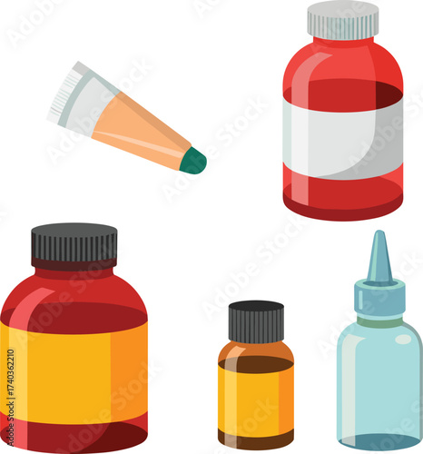Medicine packaging cartoon, pharmaceutical containers set, healthcare supplies, vector illustration, dropper bottle, ointment tube, pill bottle, liquid medicine