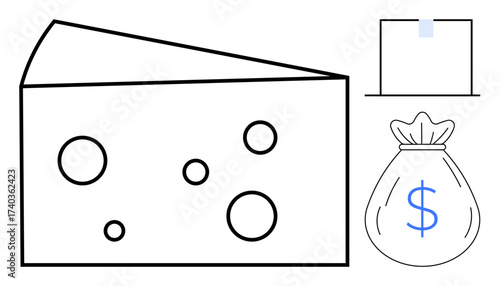 Cheese wedge with round holes, dollar-marked bag, and simple paper document. Ideal for tax planning, financial strategy, budgeting, economic critique, law, loopholes simplified economic metaphor