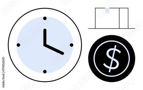 Clock emphasizing time, dollar sign representing value, and file for organization. Ideal for productivity, business, finance, scheduling, time management, work-life balance simple flat metaphor