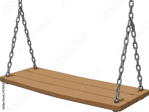 Wooden swing cartoon, metal chains, suspended seat, outdoor furniture, playground equipment, vector illustration, stylized design, garden swing, recreational element