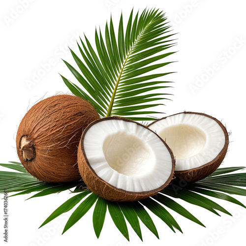 Tropical coconut fruit with palm leaves, whole and halved, set on black