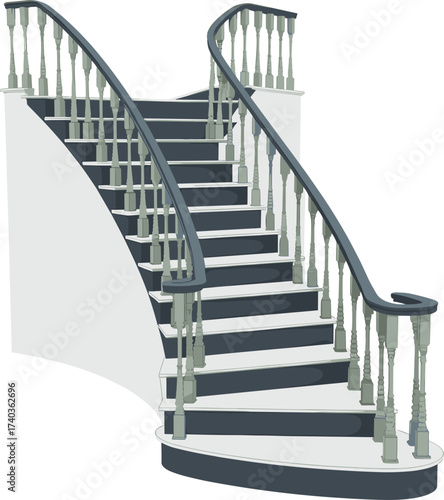 Curved staircase cartoon, dark railings, vertical balusters, architectural design, vector illustration, interior structure, elegant steps, stylized building element, smooth finish