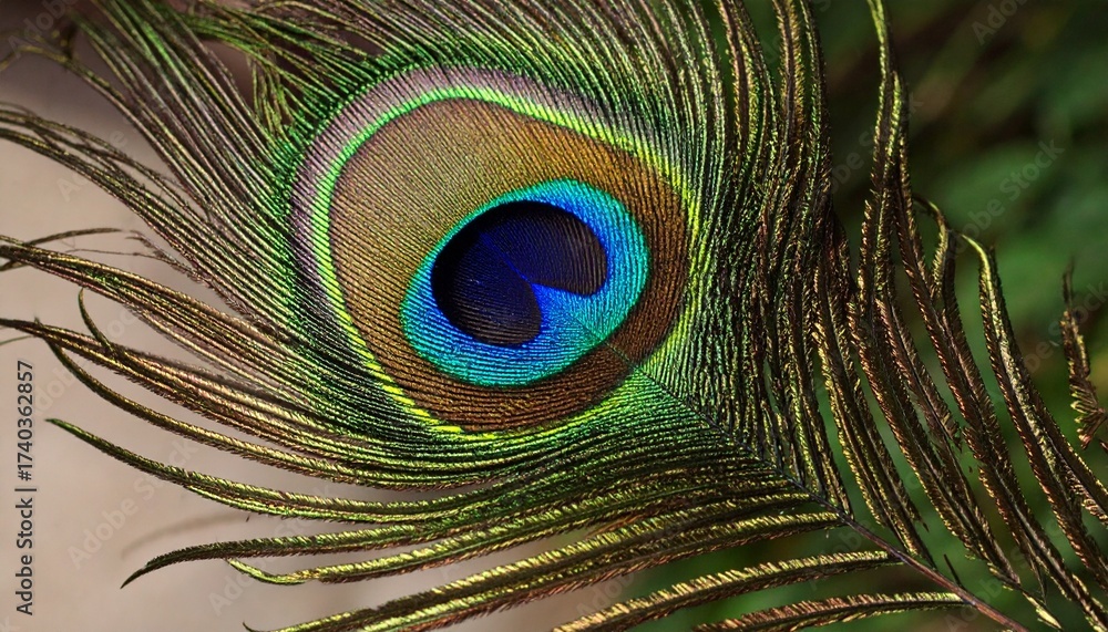 Obraz premium Close-up of a Peacock Feather with Iridescent Blue and Green Eye Spot
