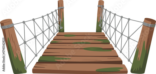 Wooden dock cartoon, rope netting, mossy planks, rustic pier, vector illustration, nature scene, lakeside structure, outdoor design, tranquil setting