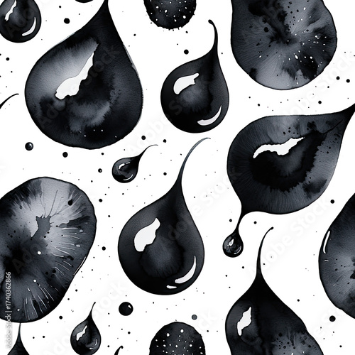 Ink splashes and droplets against black background, fluid artwork