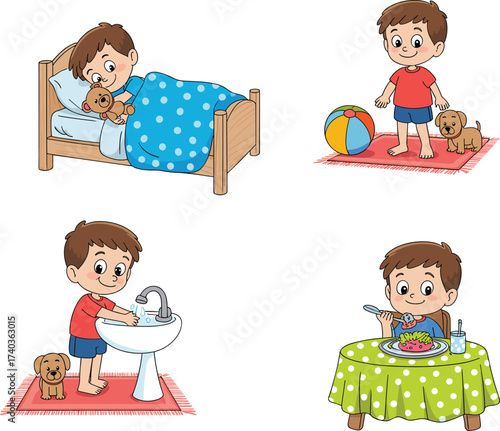 Daily routine of a boy with dog, morning activities, sleeping, washing hands, eating healthy food, playing, cartoon vector for kids' lifestyle education.