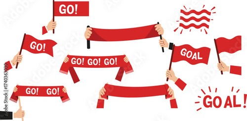 Fans cheering with red flags, goal banners, and supporter scarves, showing enthusiasm, motivation, energy, and encouragement for sports victory celebration in stadium atmosphere