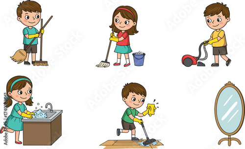 Kids doing household chores, cleaning activities, washing, sweeping, mopping, vacuuming, teamwork, hygiene habits, vector illustration for education and home cleanliness.