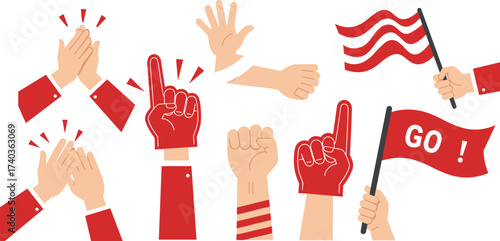 Sports fans cheering hands, clapping, waving flags, foam fingers, and supportive gestures for victory celebration, teamwork, motivation, encouragement, and enthusiastic audience illustration