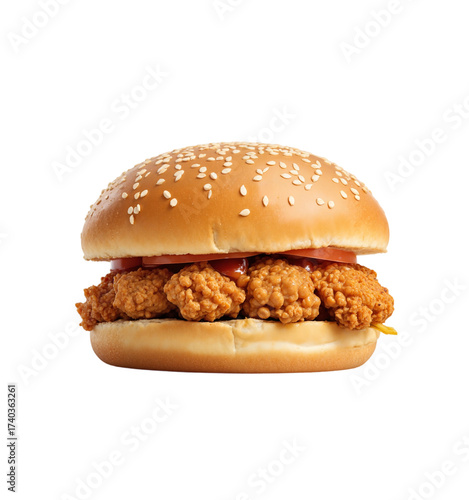 Crispy chicken strips burger with tomato and sauce isolated on a transparent background