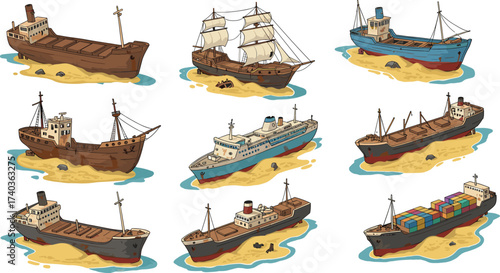 Set of cartoon shipwreck illustrations with old cargo ships, sailing vessels, fishing boats, abandoned marine vessels, stranded ships on sandy beach background