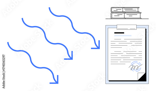 Signed document with arrows symbolizing workflow direction, stack of folders for organization. Ideal for agreements, process management, task approvals, office workflows, legal records, file