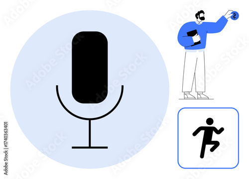 Minimal microphone icon, person holding a swirl, and runner icon. Ideal for communication, productivity, creativity, technology, health motivation active lifestyle. Simple flat metaphor