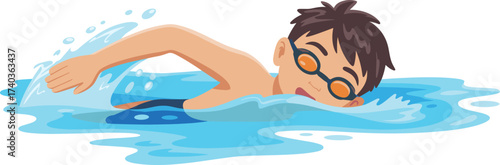 Vector illustration of boy swimming freestyle stroke in pool water, wearing goggles, sports activity, aquatic exercise, fitness training, healthy lifestyle design