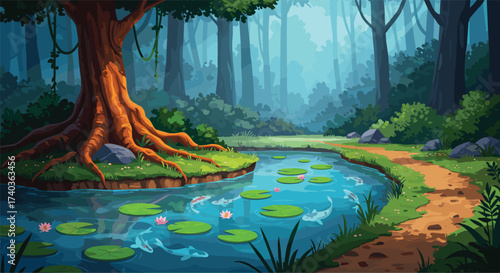 Beautiful enchanted forest landscape illustration with large tree roots, flowing river, lily pads, koi fish, pathway, lush greenery, tranquil nature background vector