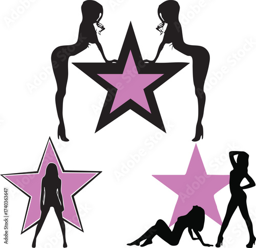 Vector illustration set of stylish female silhouettes combined with pink stars. Includes standing, posing, and reclining figures with a bold fashion-inspired design. Perfect for posters, fashion brand
