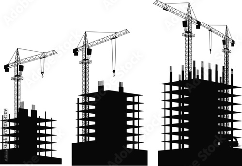 High rise building construction process vector illustration with cranes, scaffolding structures, unfinished towers, industrial framework, urban architecture development, engineering project 