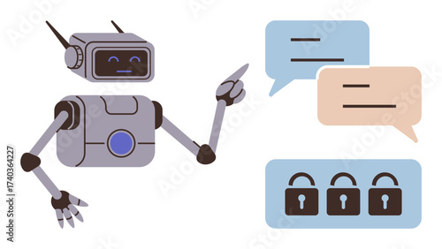 Friendly robot pointing at speech bubbles and lock icons representing communication, privacy, and security. Ideal for AI, cybersecurity, technology, data privacy, encryption, digital systems simple